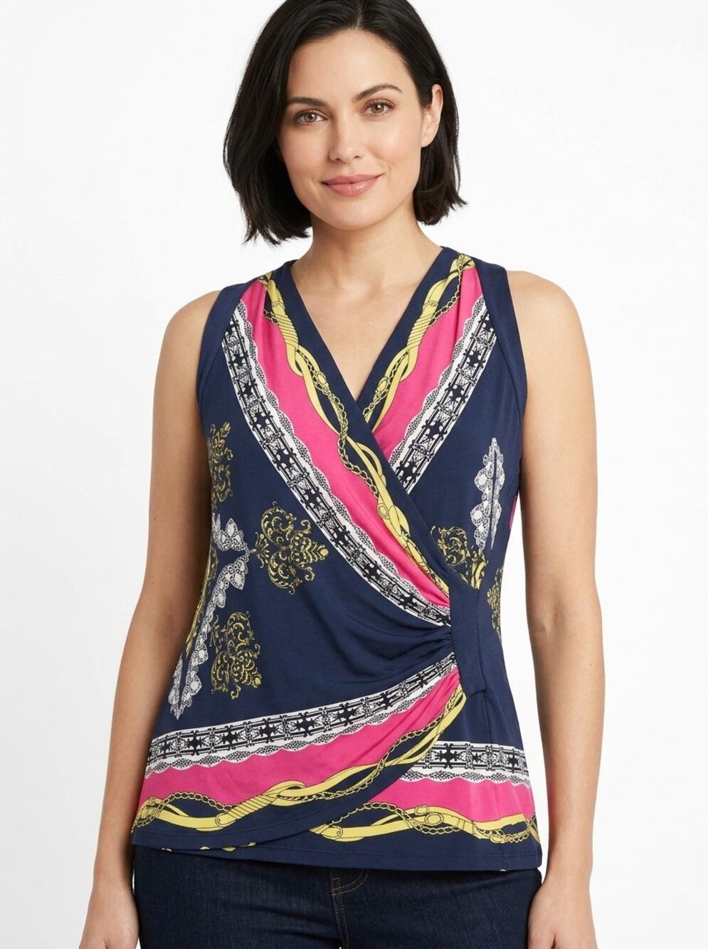Cache Navy Blue Pink Geometric Surplice Wrap Top Women Size L